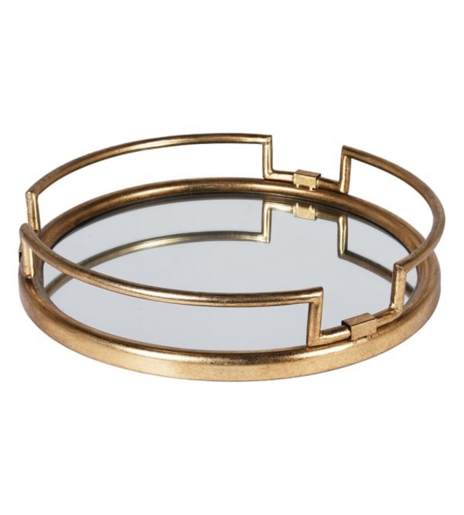 Round Gold Framed Metal & Glass Mirrored Tray