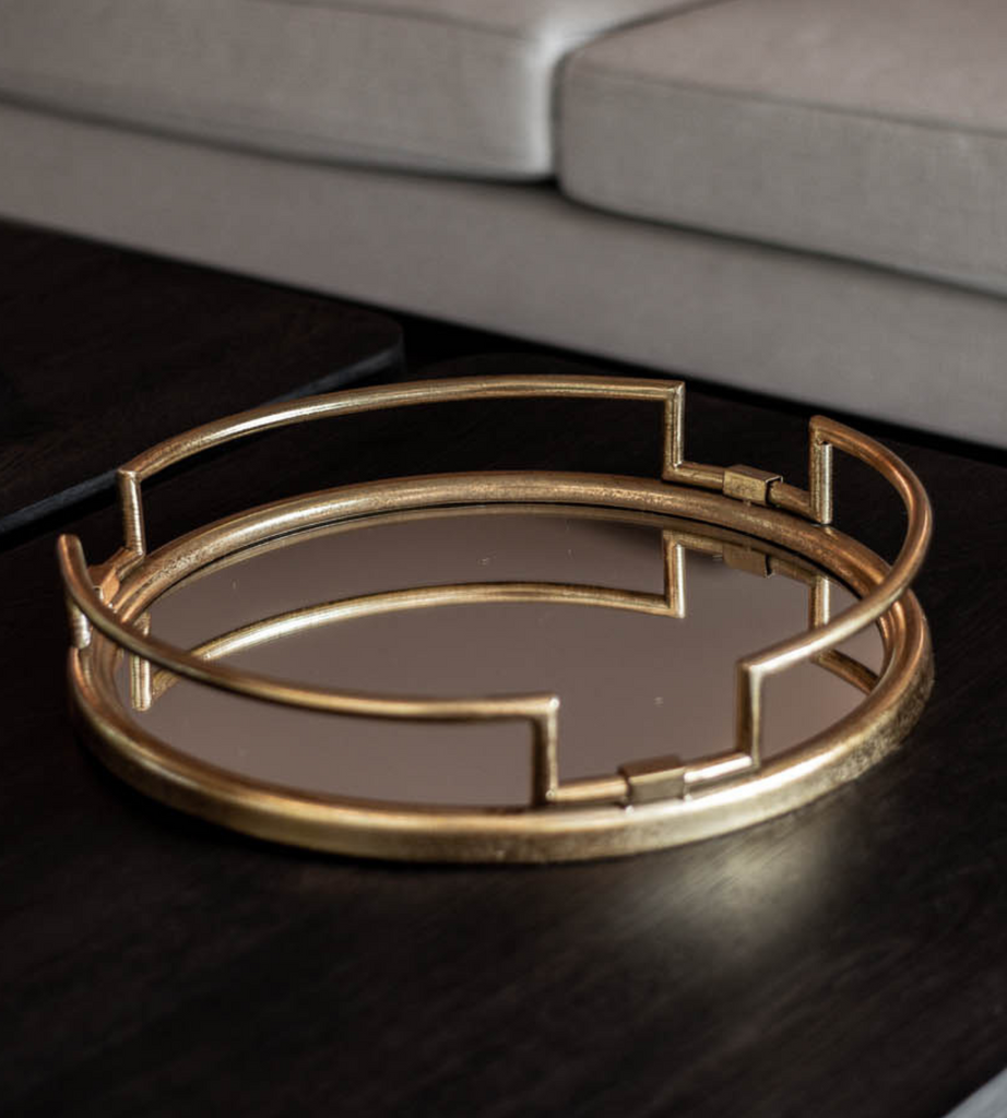 Round Gold Framed Metal & Glass Mirrored Tray