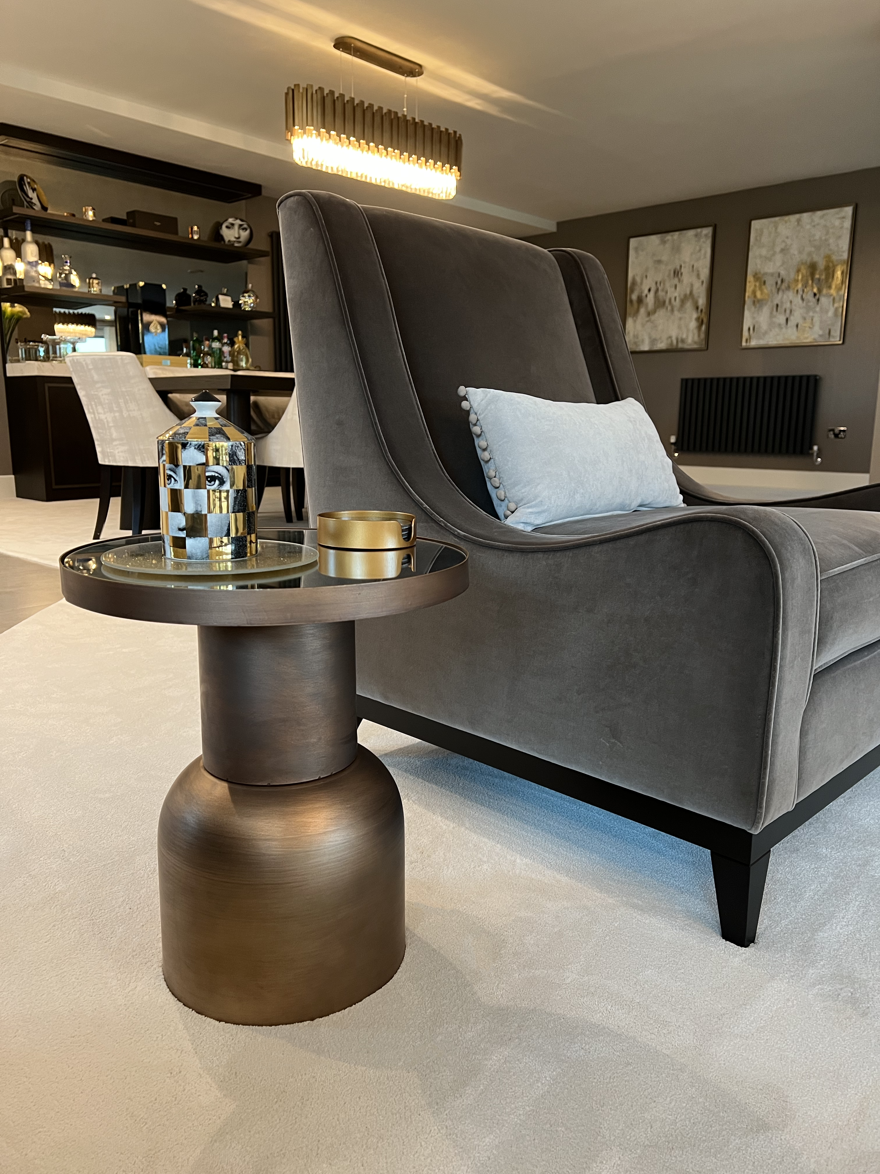 Small Bronze Gold Metal Round Side Table with Mirrored Top